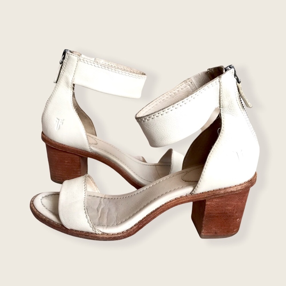 Frye White Brielle Zip Wood Block Genuine Leather Casual Ankle Sandals/Heels - Picture 5 of 16